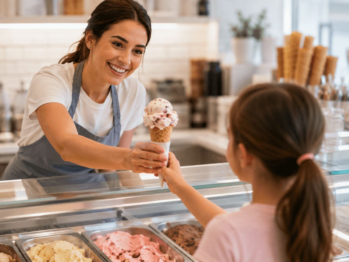 A scoop shop employee handing a customer a scoop ice cream cone across the counter.